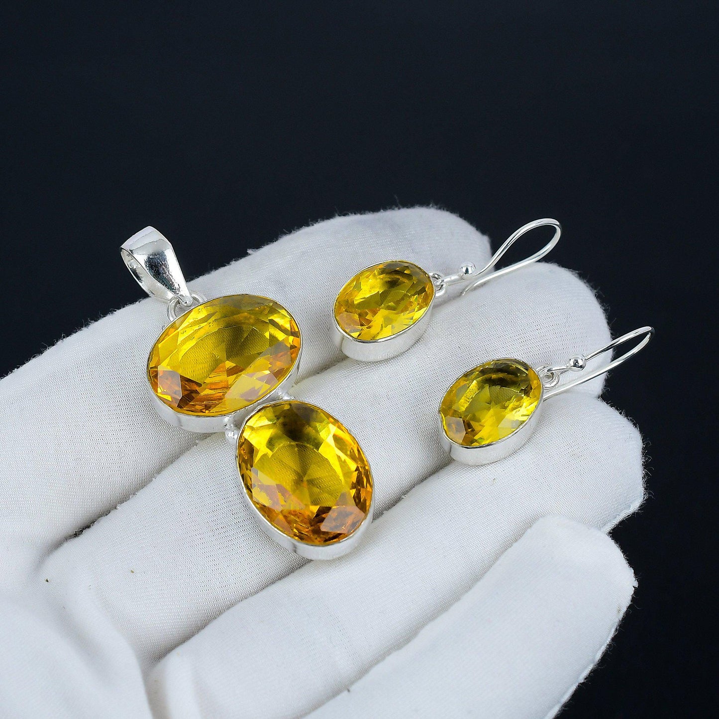 Yellow Citrine Gemstone Pendant & Earrings