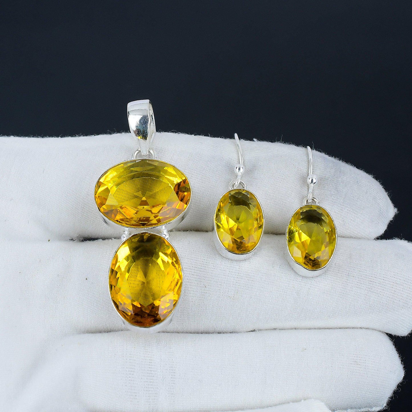 Yellow Citrine Gemstone Pendant & Earrings