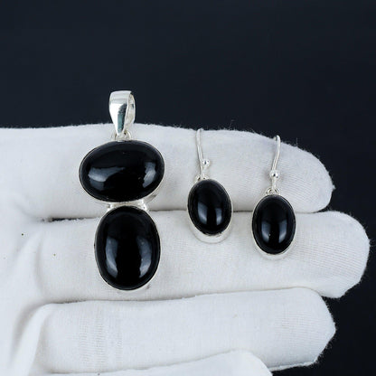 Black Onyx Gemstone Pendant & Earrings Set