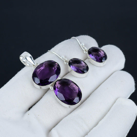 Purple Amethyst Gemstone Pendant & Earring Set