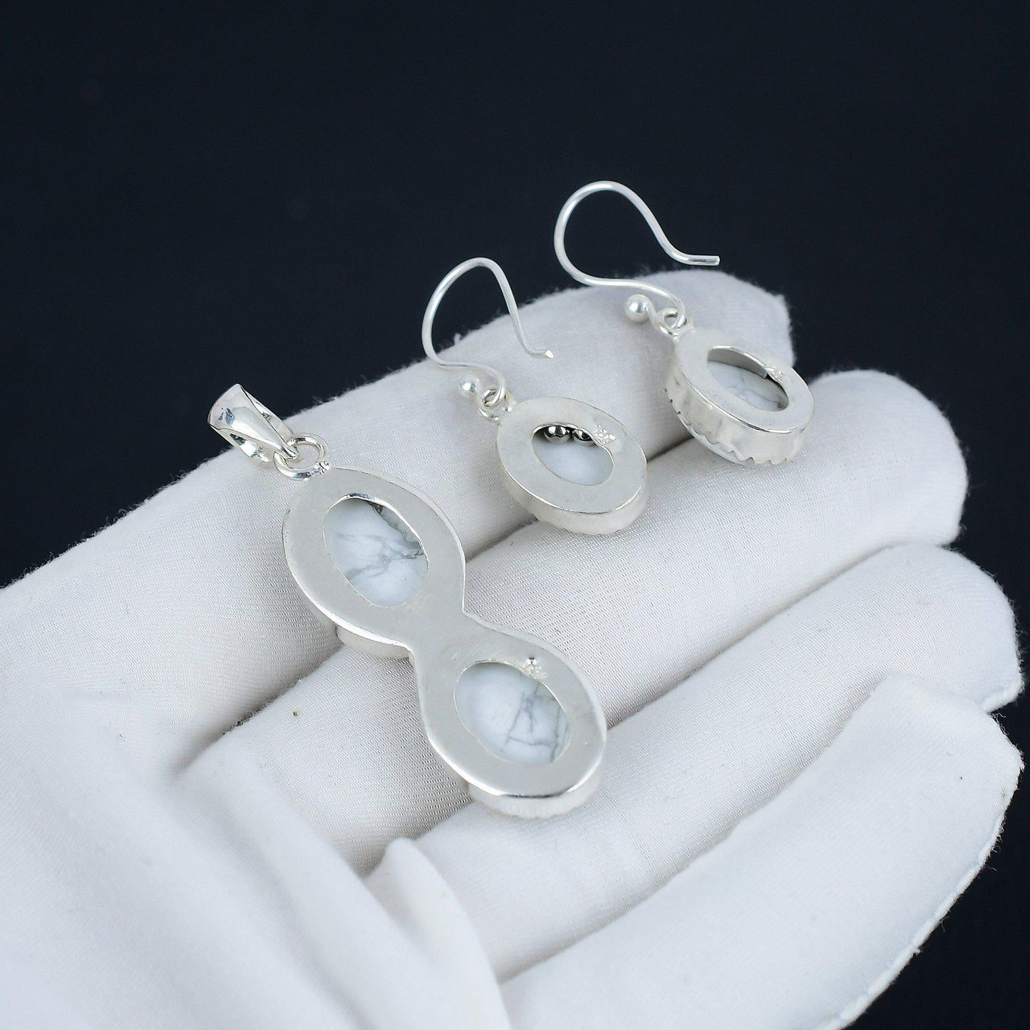 White Howlite Gemstone Pendant Earrings Set
