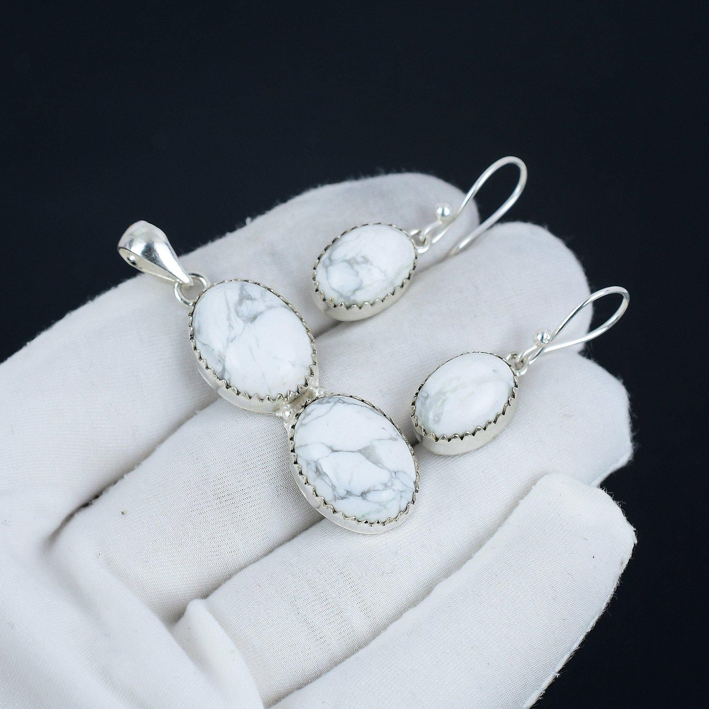 White Howlite Gemstone Pendant Earrings Set