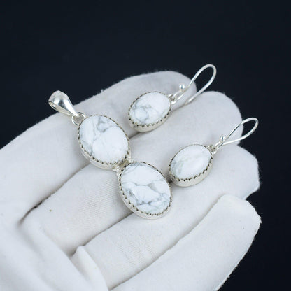 White Howlite Gemstone Pendant Earrings Set