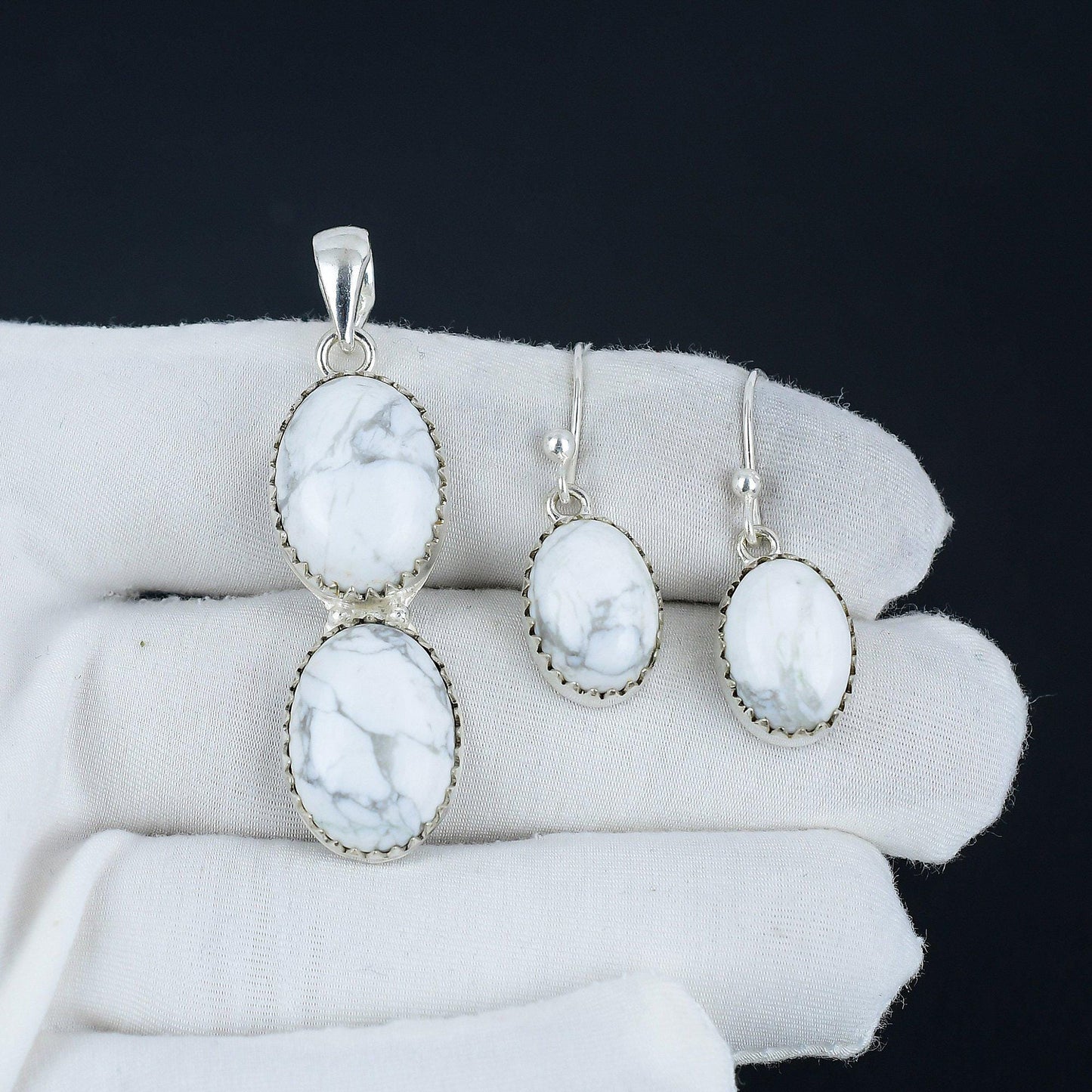 White Howlite Gemstone Pendant Earrings Set