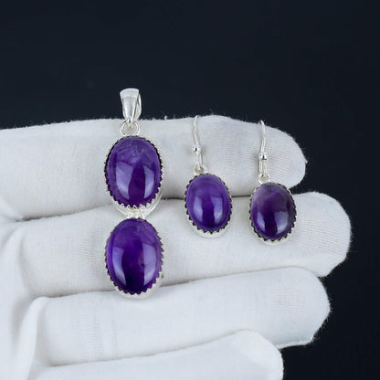 Purple Amethyst Gemstone Pendant & Earrings Set