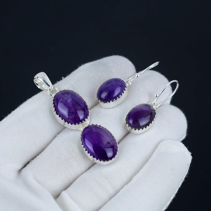 Purple Amethyst Gemstone Pendant & Earrings Set