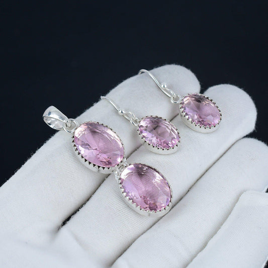 Pink Kunzite Gemstone Pendant & Earring Set