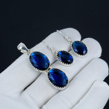 Blue Sapphire Gemstone Pendant & Earrings Set