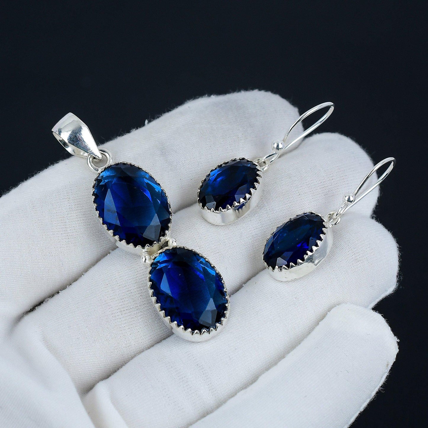 Blue Sapphire Gemstone Pendant & Earrings Set