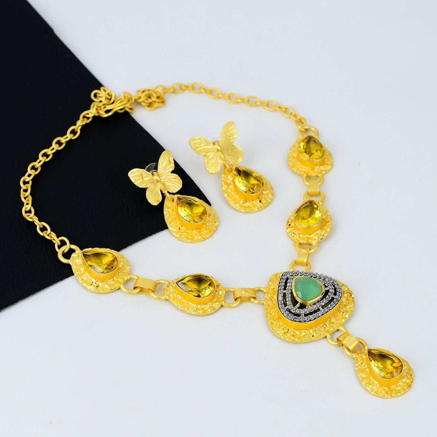 Gold Gemstone Necklace & Earring Set