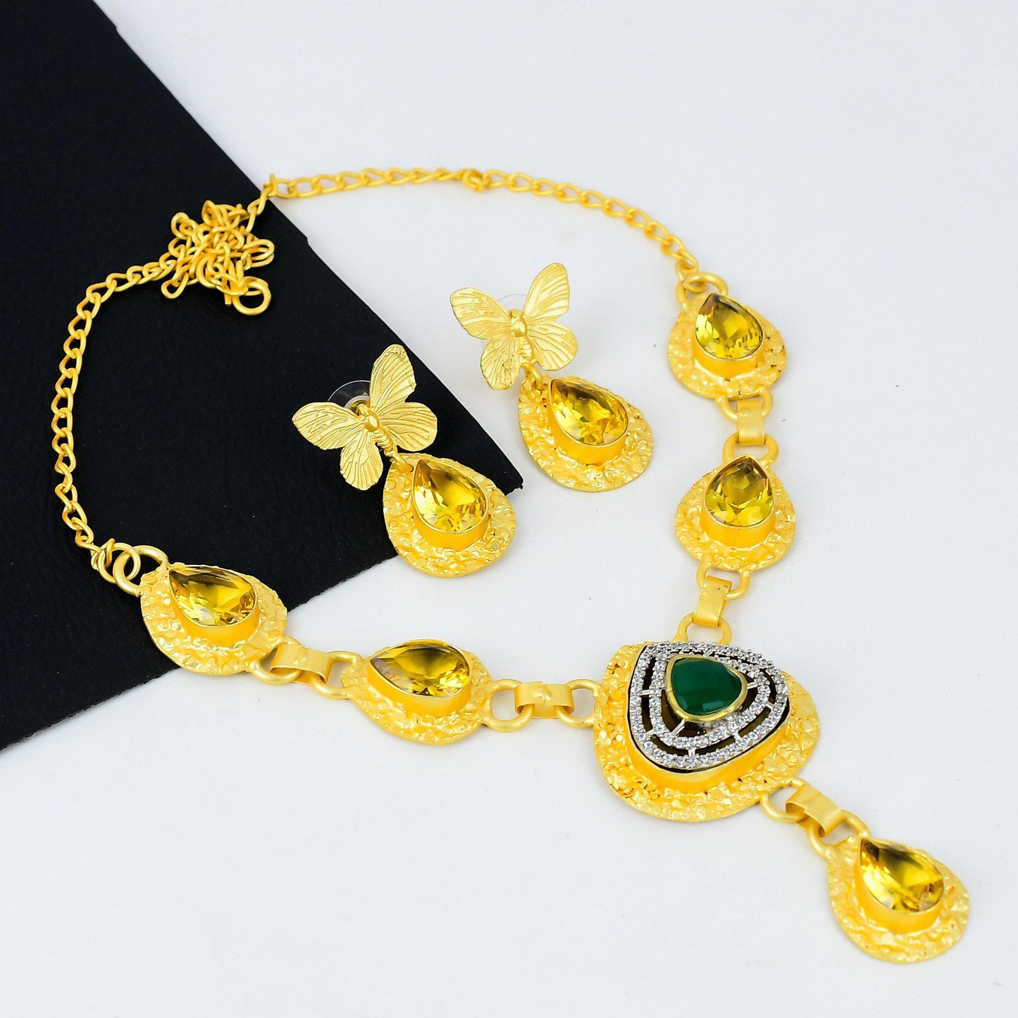 Gold Gemstone Necklace & Earring Set