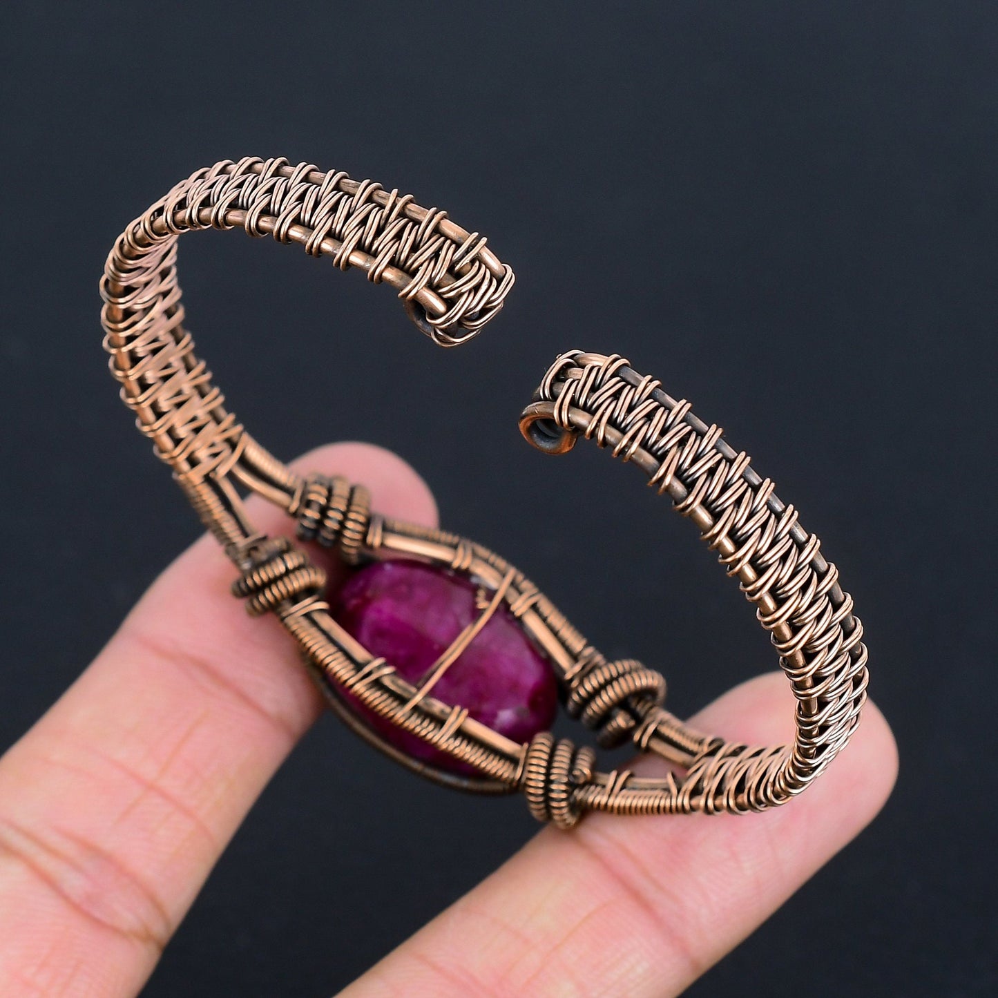 Red Ruby Gemstone Copper Wire Bangle Bracelet