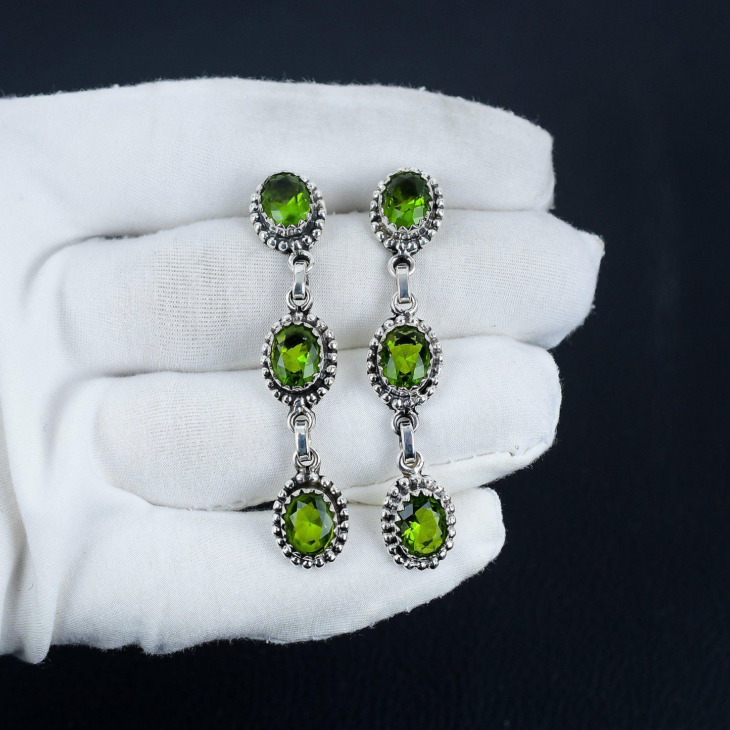 Green Peridot Gemstone Sterling Silver Earrings