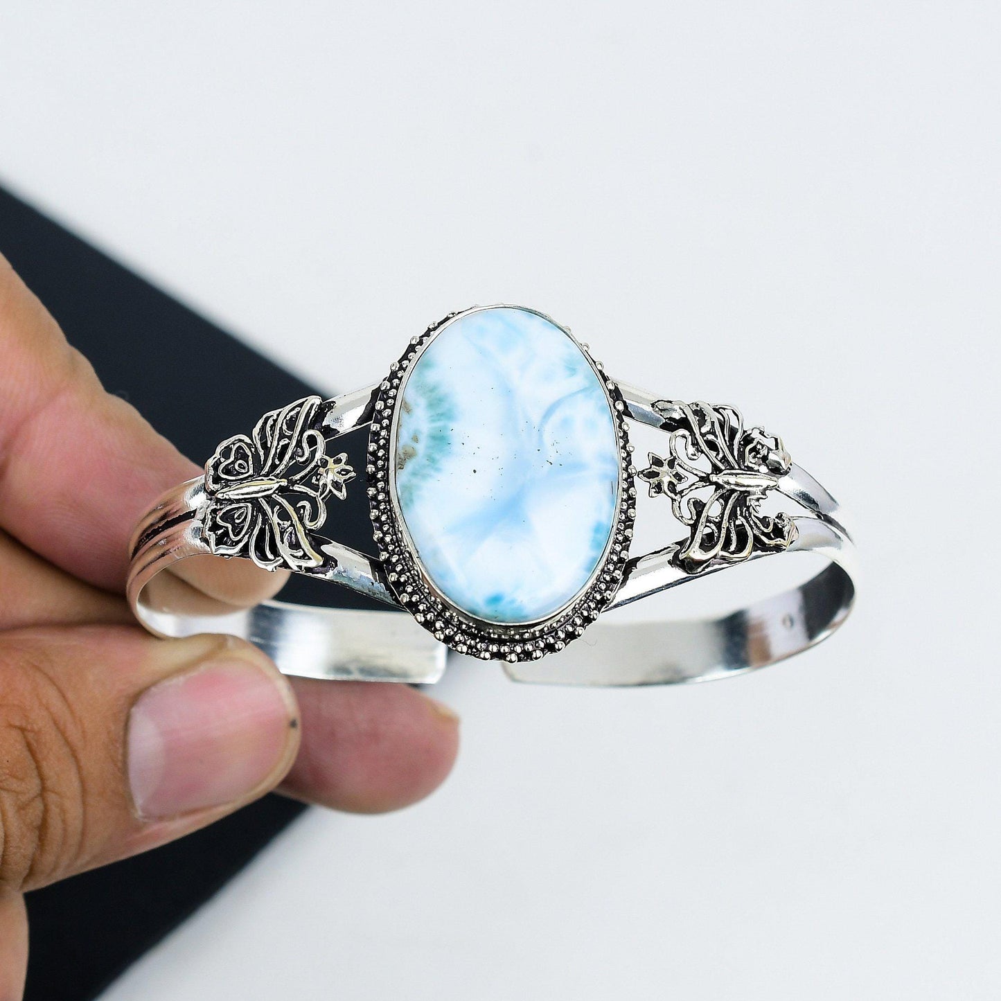 Blue Larimar Gemstone Sterling Silver Bangle