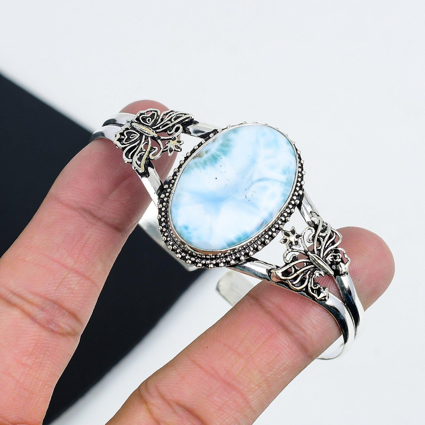 Blue Larimar Gemstone Sterling Silver Bangle
