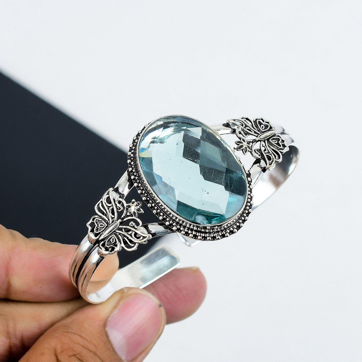 Aquamarine Sterling Silver Adjustable Cuff Bangle