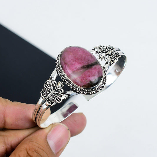 Pink Rhodonite Gemstone Sterling Silver Bangle