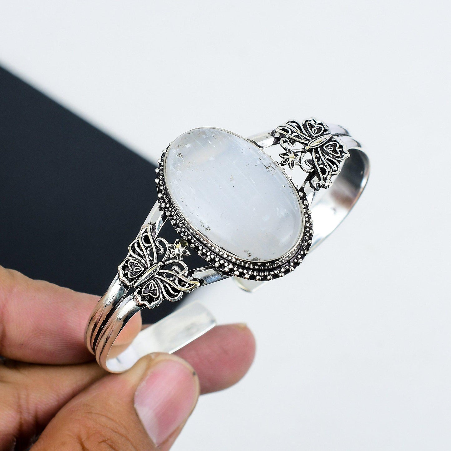 White Selenite Gemstone Sterling Silver Bangle