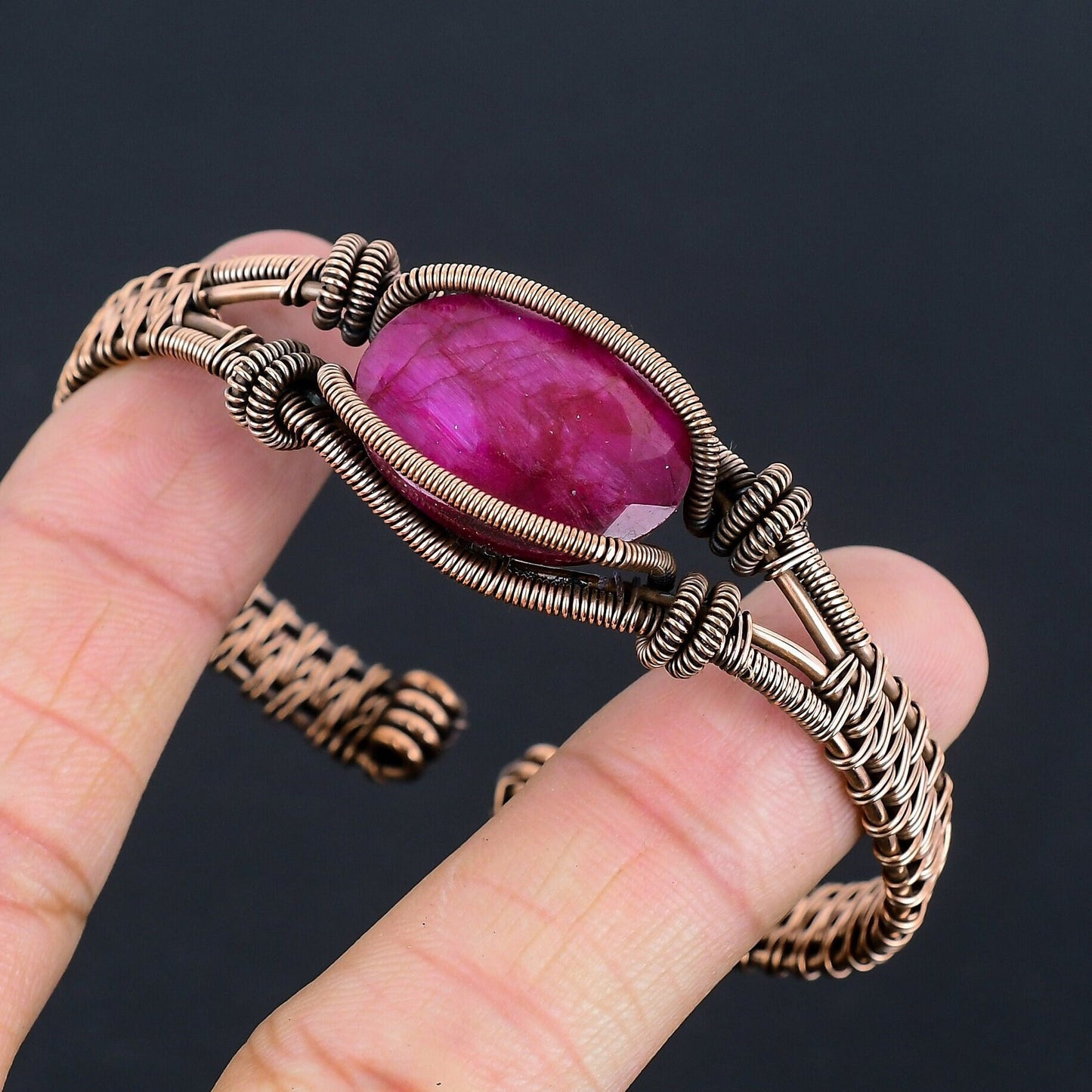 Red Ruby Gemstone Copper Wire Bangle Bracelet