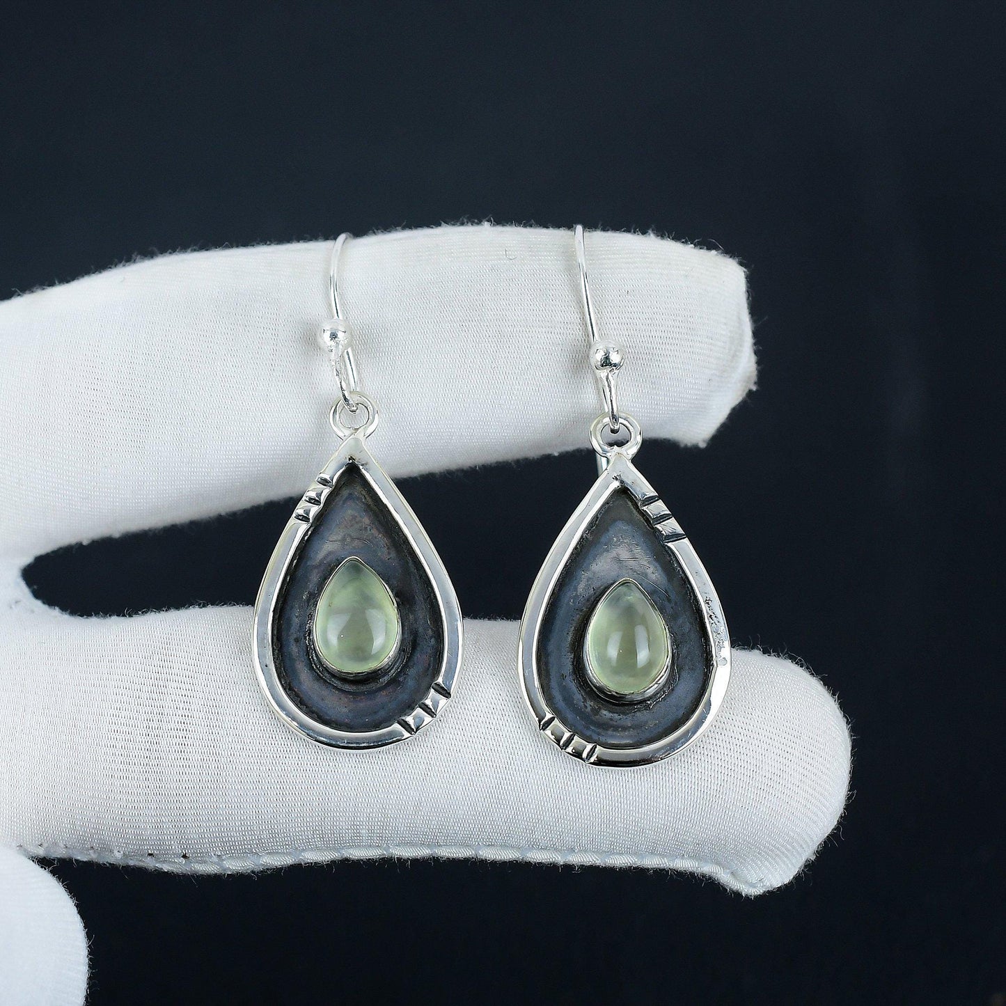 Green Prehnite Gemstone Sterling Silver Earrings