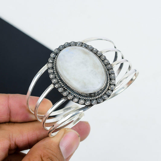 Moonstone Gemstone White Silver Cuff Bracelet