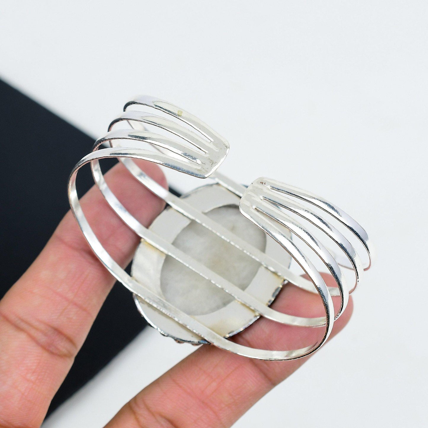 Moonstone Gemstone White Silver Cuff Bracelet