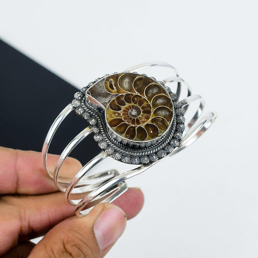 Brown Ammonite Gemstone Sterling Silver Bangle