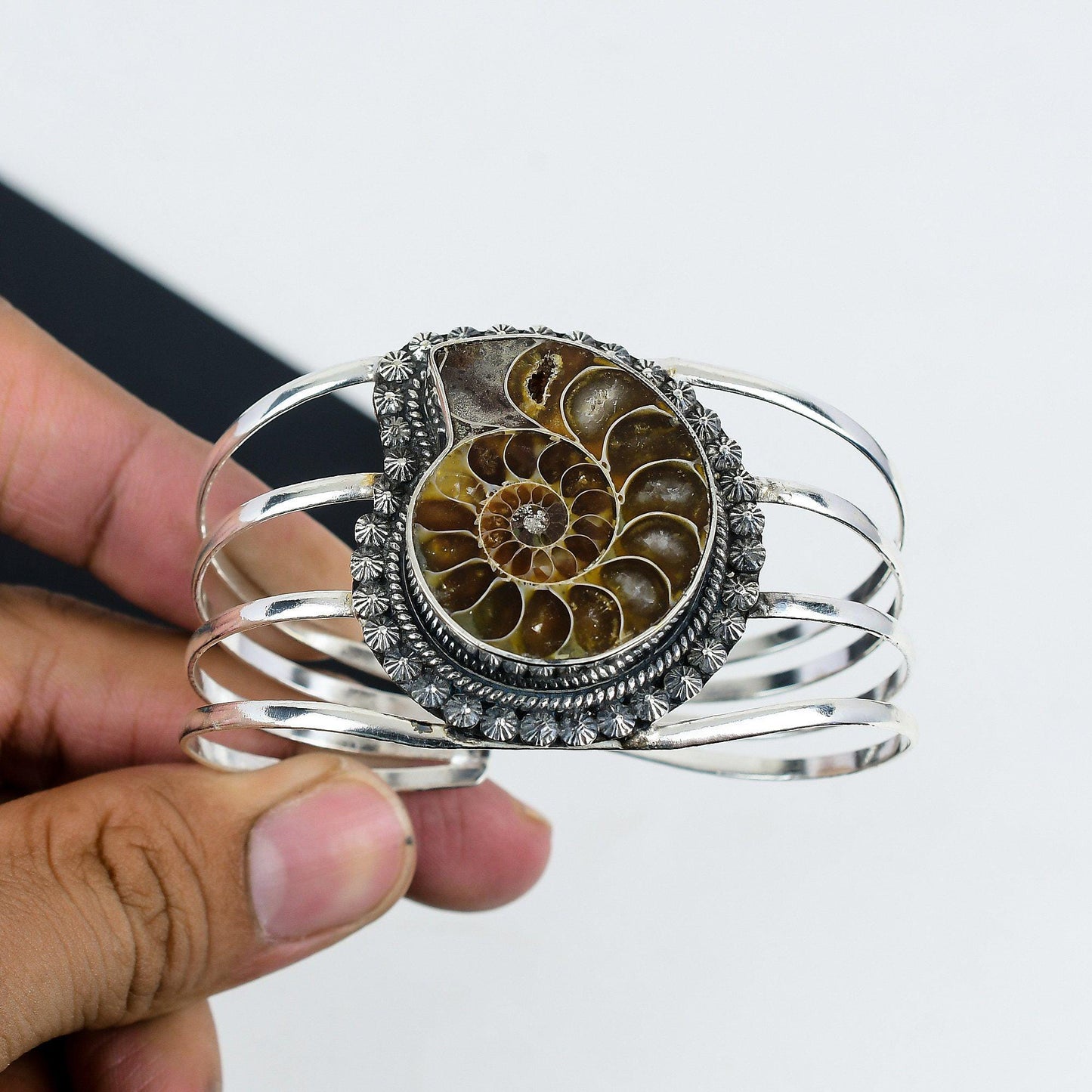 Brown Ammonite Gemstone Sterling Silver Bangle