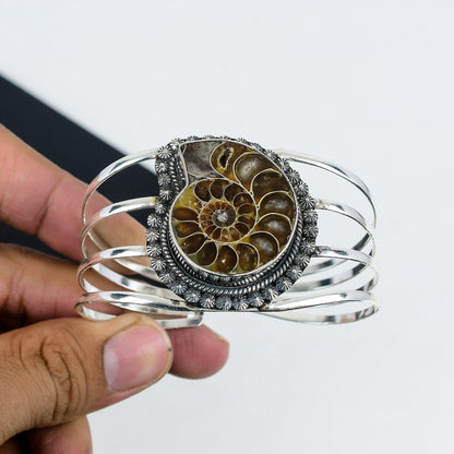 Brown Ammonite Gemstone Sterling Silver Bangle