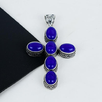 Blue Lapis Lazuli Silver Cross Pendant