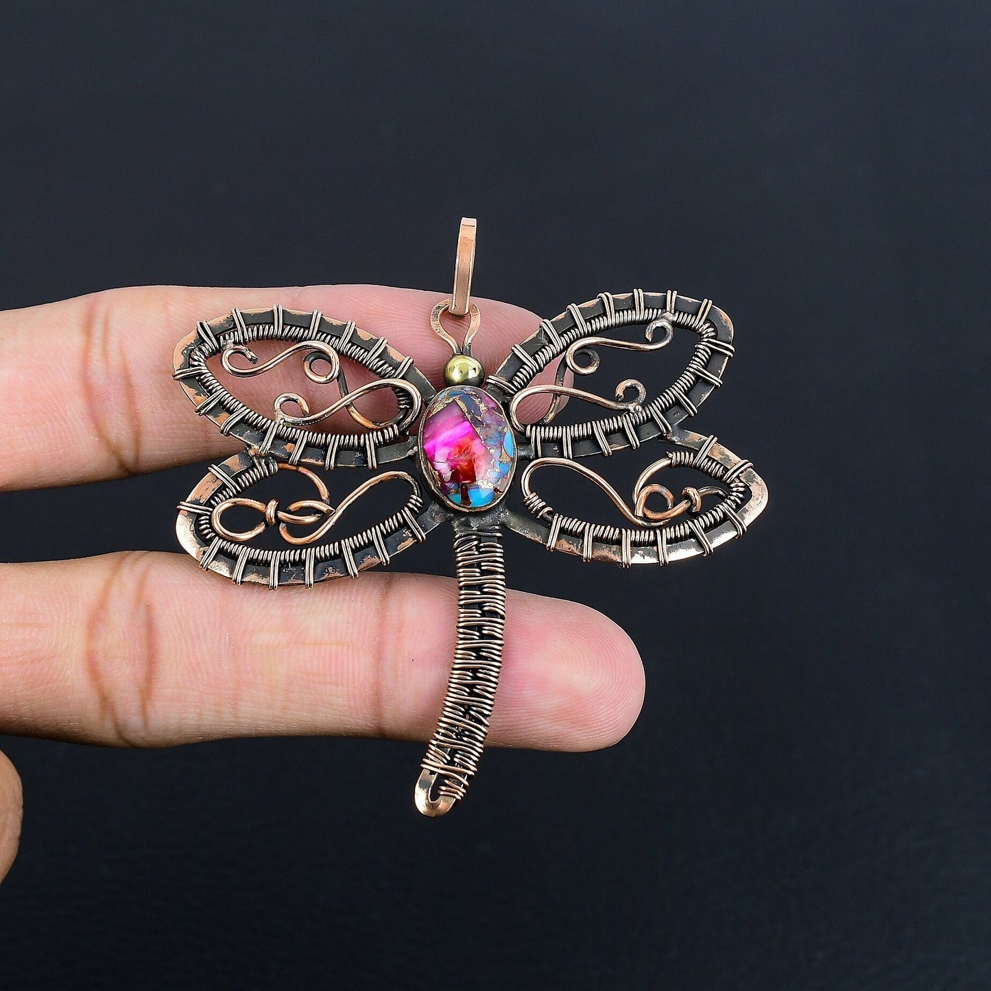 Pink Turquoise Gemstone Dragonfly Pendant