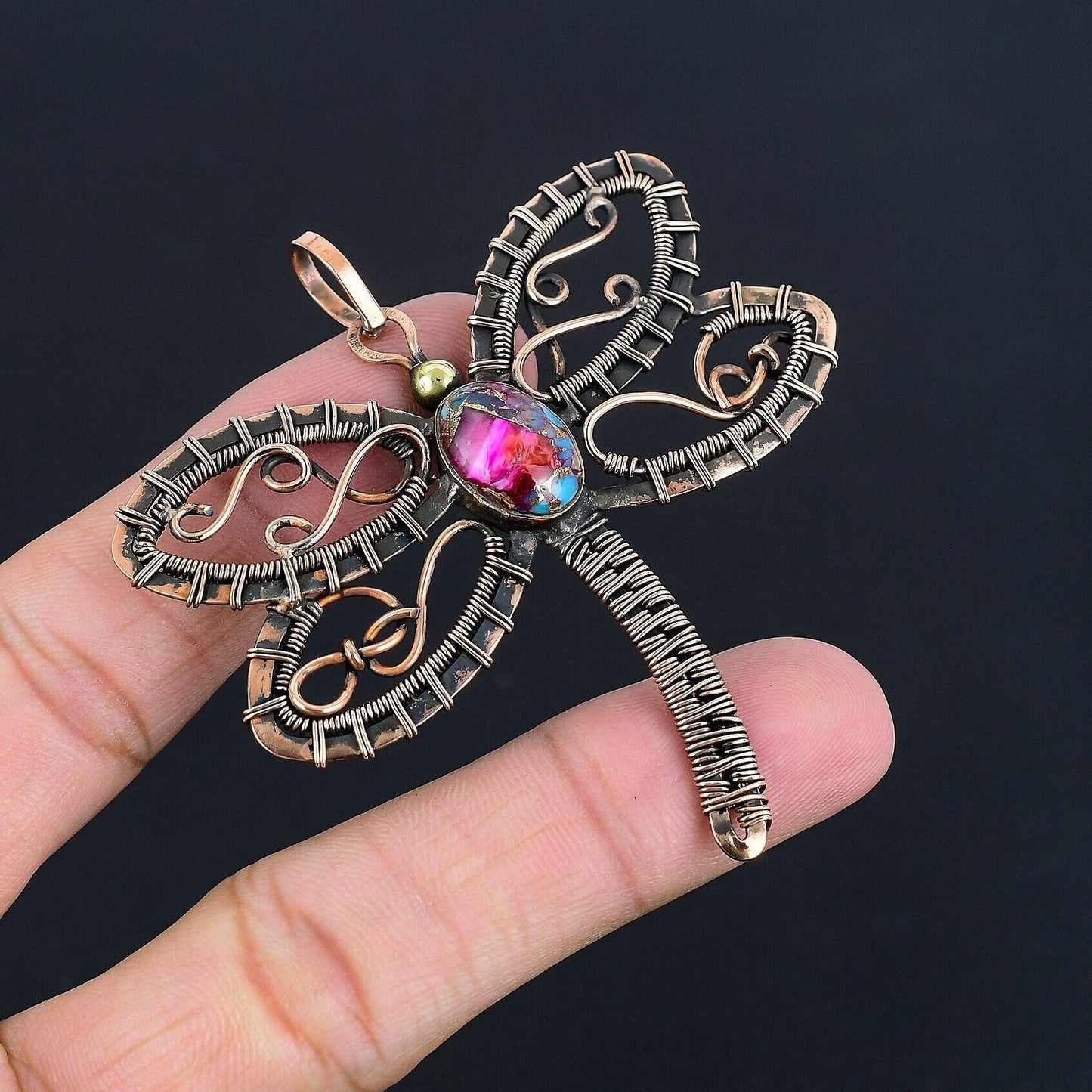 Pink Turquoise Gemstone Dragonfly Pendant