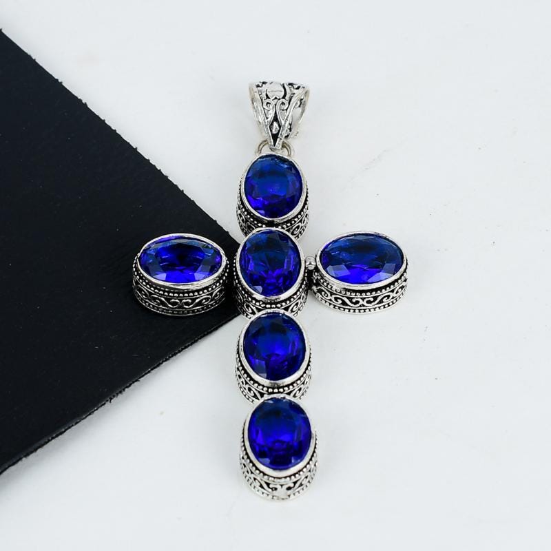 Blue Sapphire Silver Cross Pendant