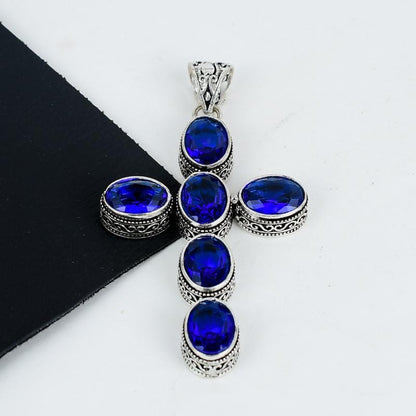 Blue Sapphire Silver Cross Pendant