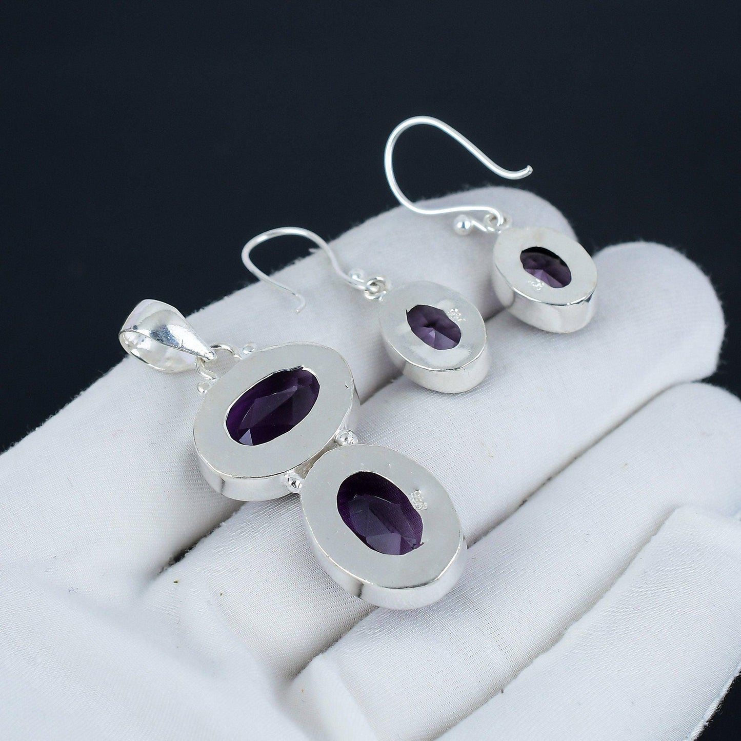 Purple Amethyst Gemstone Pendant & Earring Set