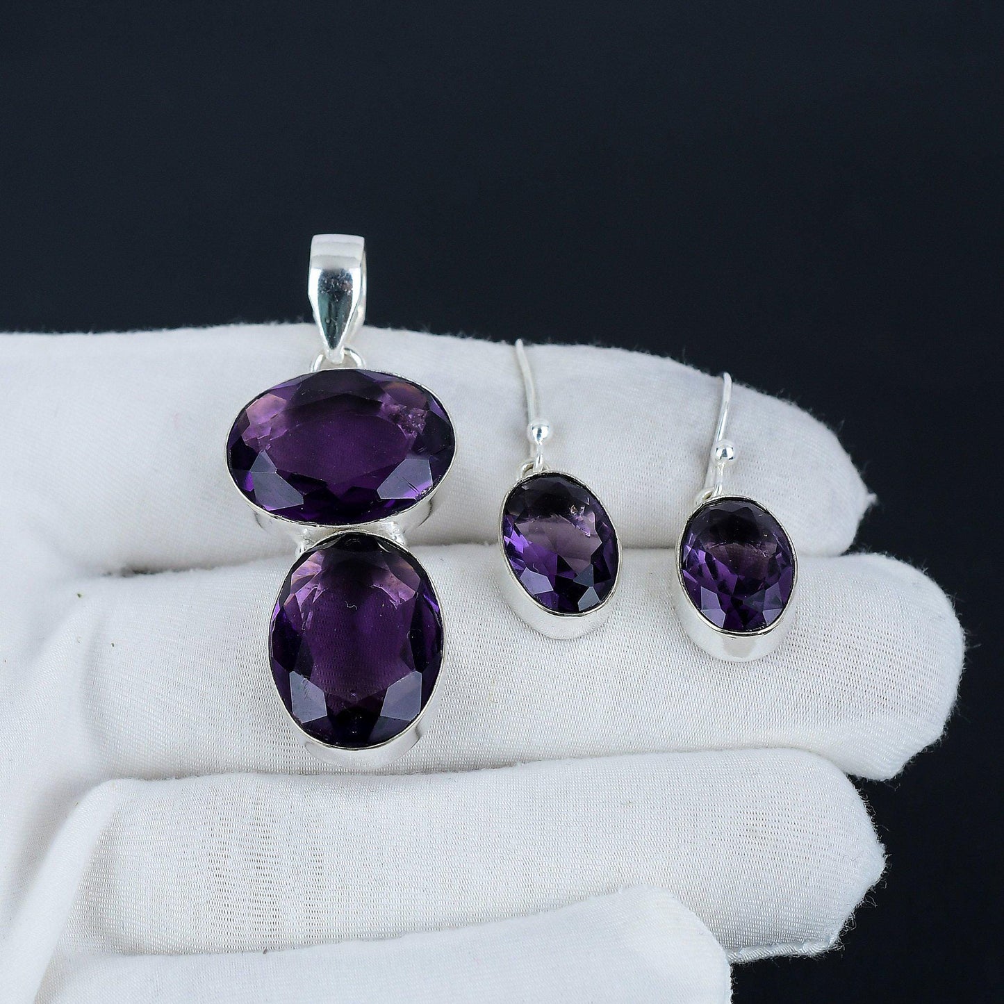 Purple Amethyst Gemstone Pendant & Earring Set