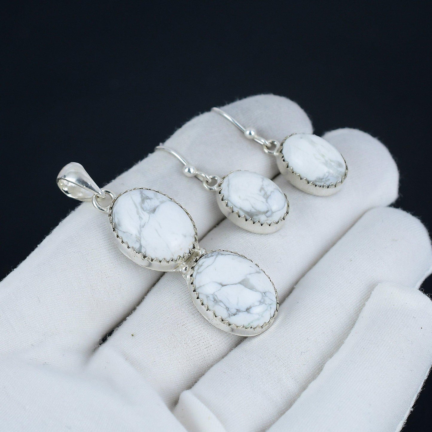 White Howlite Gemstone Pendant Earrings Set