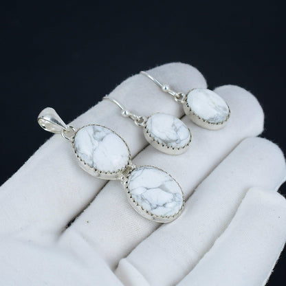 White Howlite Gemstone Pendant Earrings Set