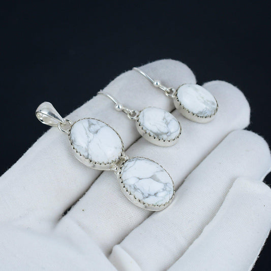 White Howlite Gemstone Pendant Earrings Set