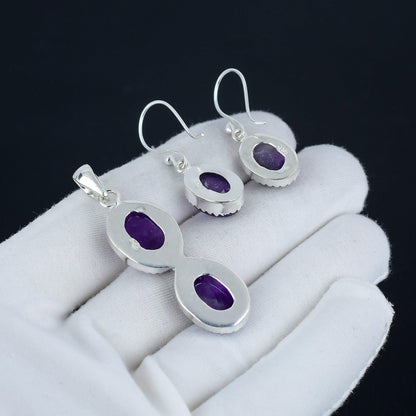 Purple Amethyst Gemstone Pendant & Earrings Set