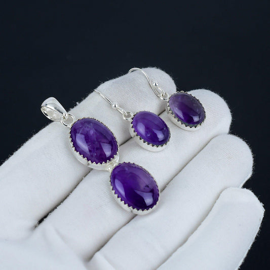 Purple Amethyst Gemstone Pendant & Earrings Set