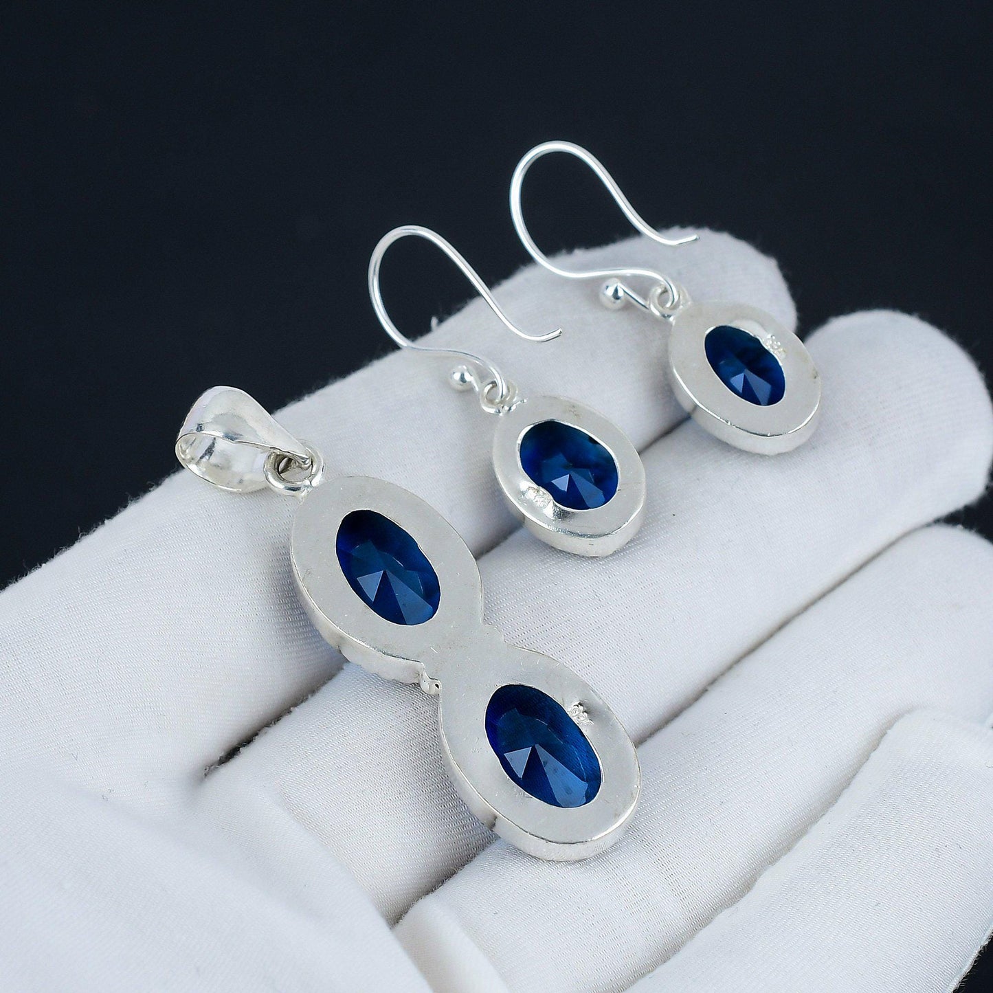 Blue Sapphire Gemstone Pendant & Earrings Set