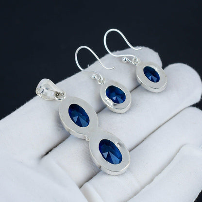 Blue Sapphire Gemstone Pendant & Earrings Set