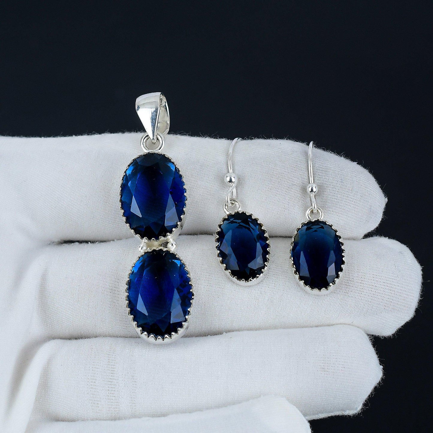 Blue Sapphire Gemstone Pendant & Earrings Set