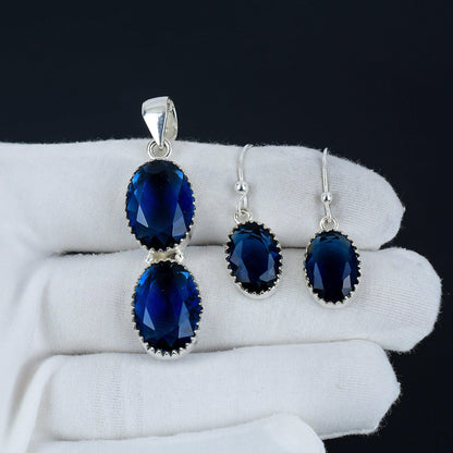 Blue Sapphire Gemstone Pendant & Earrings Set
