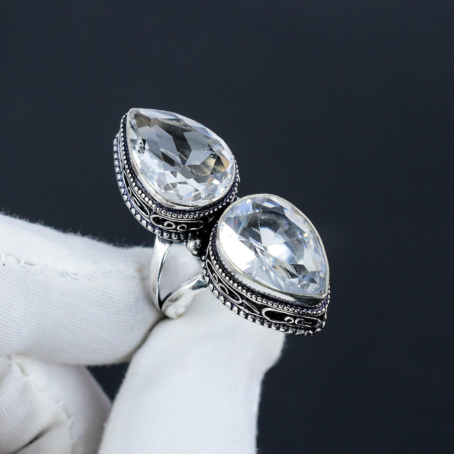 White Topaz Teardrop Double Stone Ring