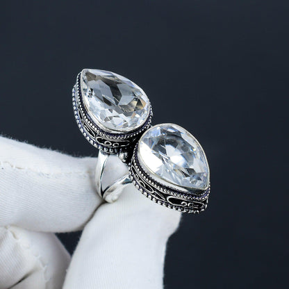 White Topaz Teardrop Double Stone Ring