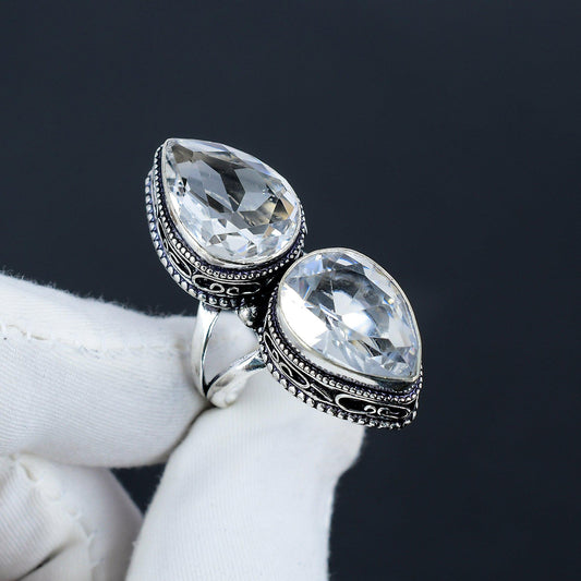 White Topaz Teardrop Double Stone Ring