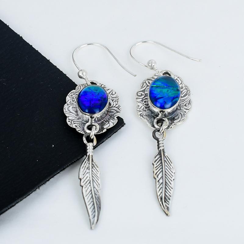 Blue Australian Opal Gemstone Earrings