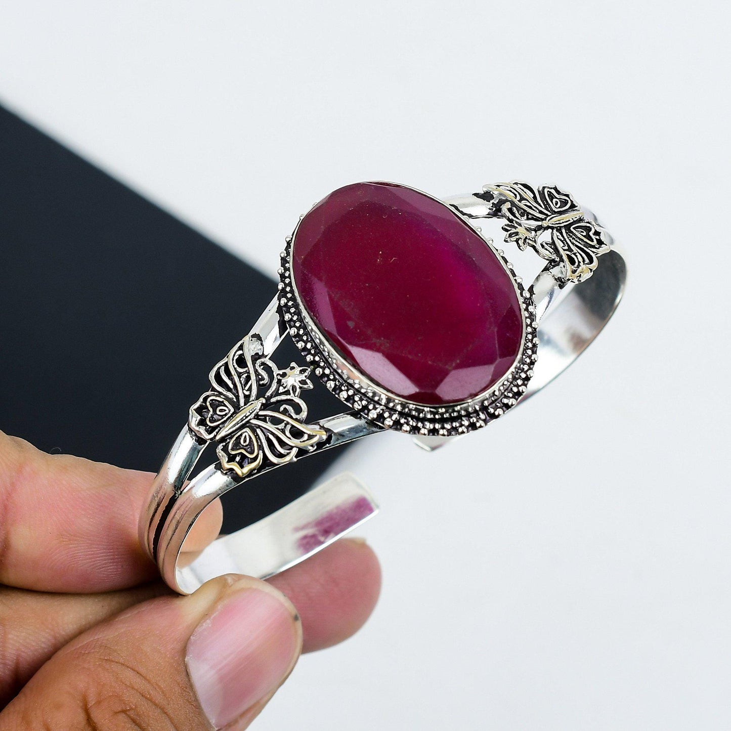 Red Ruby Gemstone Silver Bangle